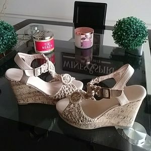 Tan crotchet wedge heels